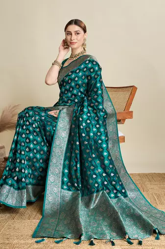 Teal woven satin saree with blouse piece