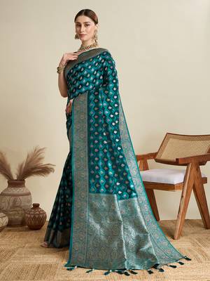 Teal woven satin saree with blouse piece 5
