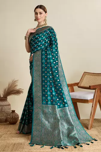 Teal woven satin saree with blouse piece
