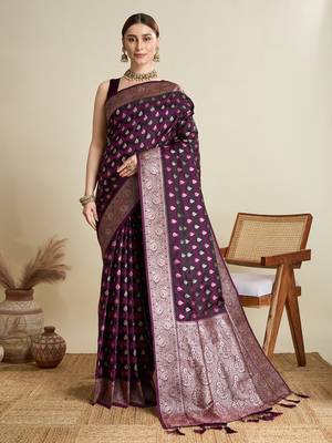 Wine woven satin saree with blouse piece 1