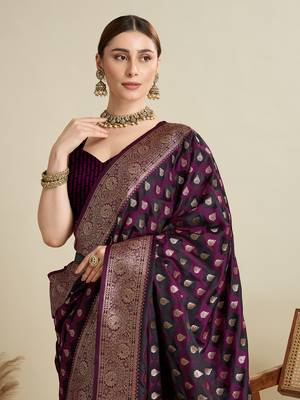 Wine woven satin saree with blouse piece 2