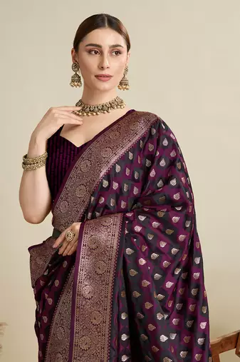Wine woven satin saree with blouse piece