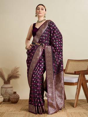 Wine woven satin saree with blouse piece 3
