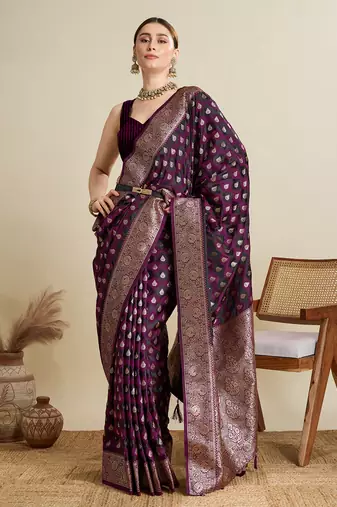 Wine woven satin saree with blouse piece