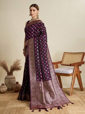 Wine woven satin saree with blouse piece 4