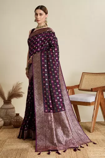 Wine woven satin saree with blouse piece