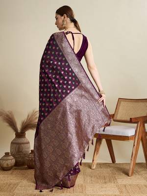 Wine woven satin saree with blouse piece 5