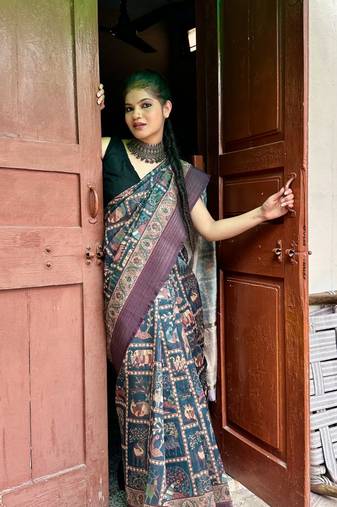 Blue digital animal printed poly cotton saree with blouse piece