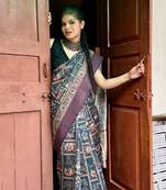 Blue digital animal printed poly cotton saree with blouse piece