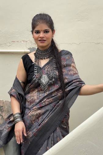 Grey digital animal printed poly cotton saree with blouse piece
