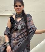 Grey digital animal printed poly cotton saree with blouse piece