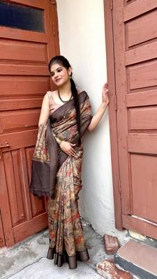 Mustard digital animal printed poly cotton saree with blouse piece 1