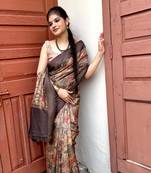 Mustard digital animal printed poly cotton saree with blouse piece