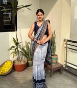Blue batik work pure chanderi silk maheshwari border saree with blouse piece