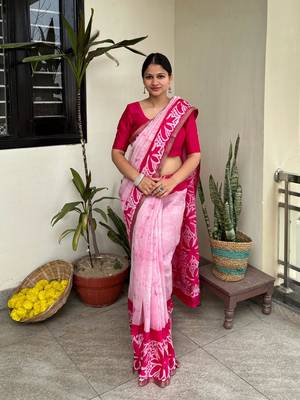 Pink batik work pure chanderi silk maheshwari border saree with blouse piece 2