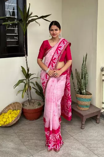 Pink batik work pure chanderi silk maheshwari border saree with blouse piece