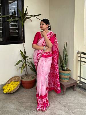 Pink batik work pure chanderi silk maheshwari border saree with blouse piece 3