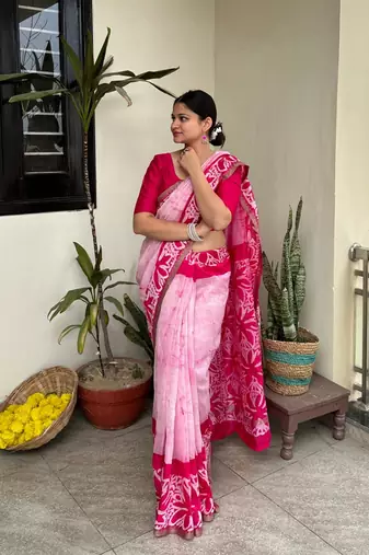 Pink batik work pure chanderi silk maheshwari border saree with blouse piece