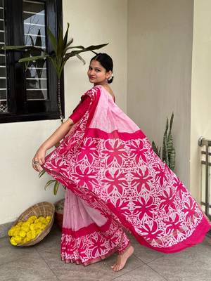 Pink batik work pure chanderi silk maheshwari border saree with blouse piece 4