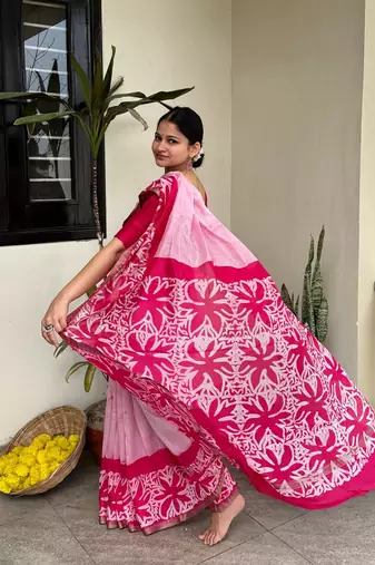 Pink batik work pure chanderi silk maheshwari border saree with blouse piece