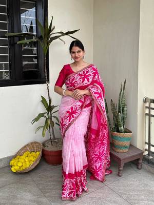 Pink batik work pure chanderi silk maheshwari border saree with blouse piece 1