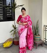 Pink batik work pure chanderi silk maheshwari border saree with blouse piece