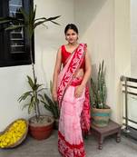 Red batik work pure chanderi silk maheshwari border saree with blouse piece