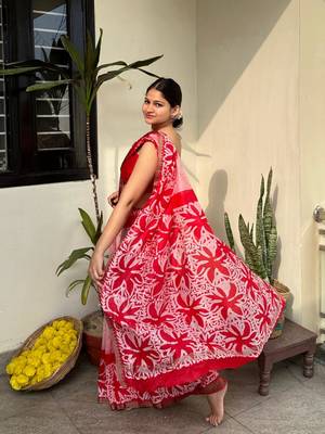 Red batik work pure chanderi silk maheshwari border saree with blouse piece 3