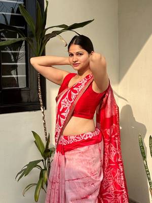 Red batik work pure chanderi silk maheshwari border saree with blouse piece 4