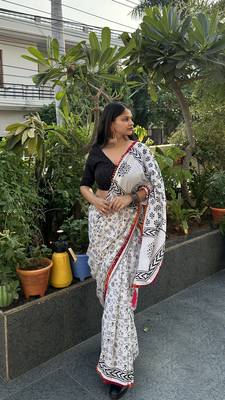 White & black warli block print pure mul cotton saree with blouse piece 1