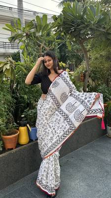 White & black warli block print pure mul cotton saree with blouse piece 2