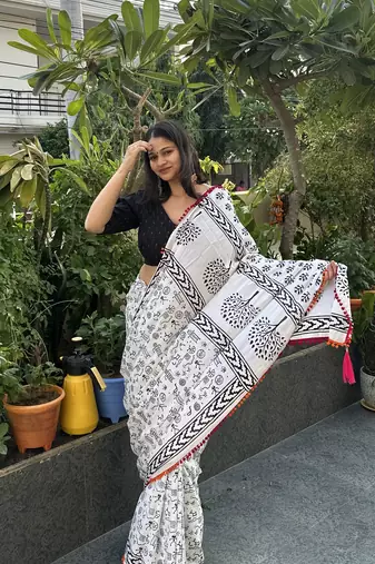 White & black warli block print pure mul cotton saree with blouse piece