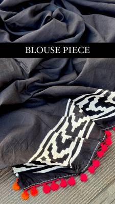 White & black warli block print pure mul cotton saree with blouse piece 5