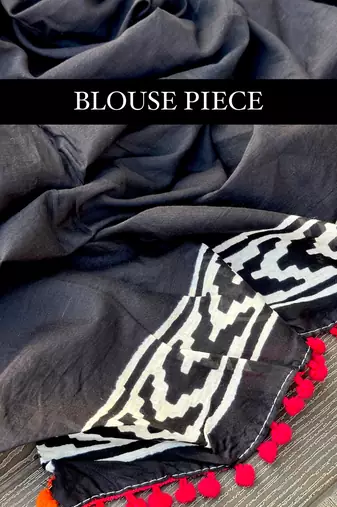 White & black warli block print pure mul cotton saree with blouse piece