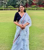 White camel block print pure mul cotton saree with blouse piece