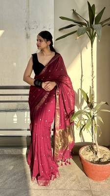 Wine pure cotton hand woven saree with blouse piece 1