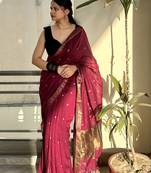 Wine pure cotton hand woven saree with blouse piece