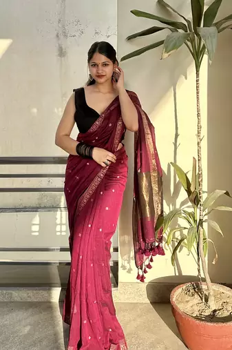 Wine pure cotton hand woven saree with blouse piece