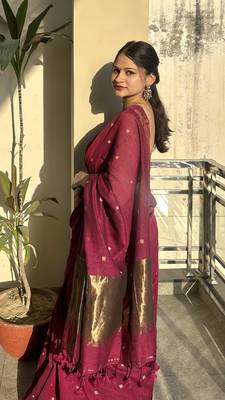 Wine pure cotton hand woven saree with blouse piece 3