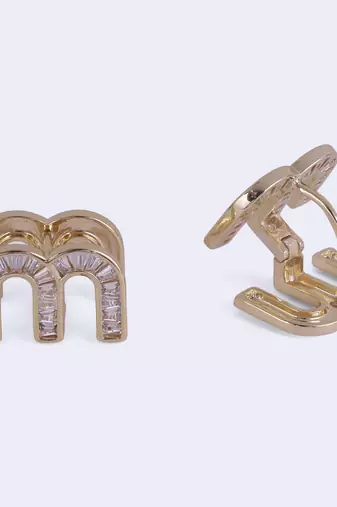 Crystal letter m charm gold plated stud earring for women