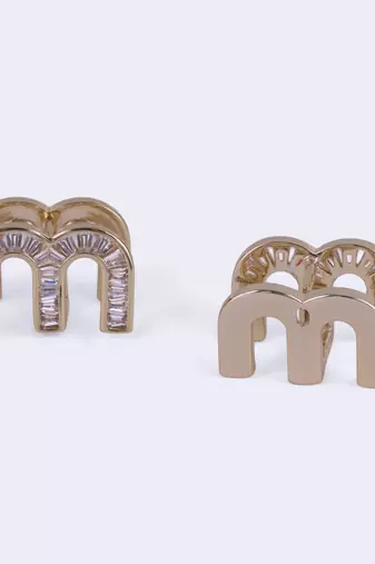 Crystal letter m charm gold plated stud earring for women