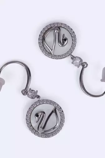 Embedded circle swan silver plated stud earring for women