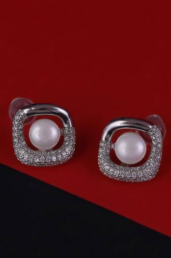 Lovely round shape pearl silver plated stud earring for women