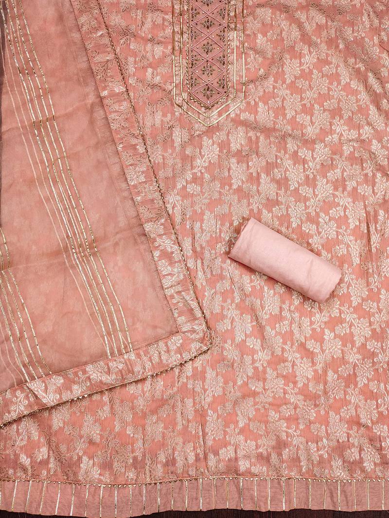Peach Graceful jacquard dress material with handwork & organza lace dupatta