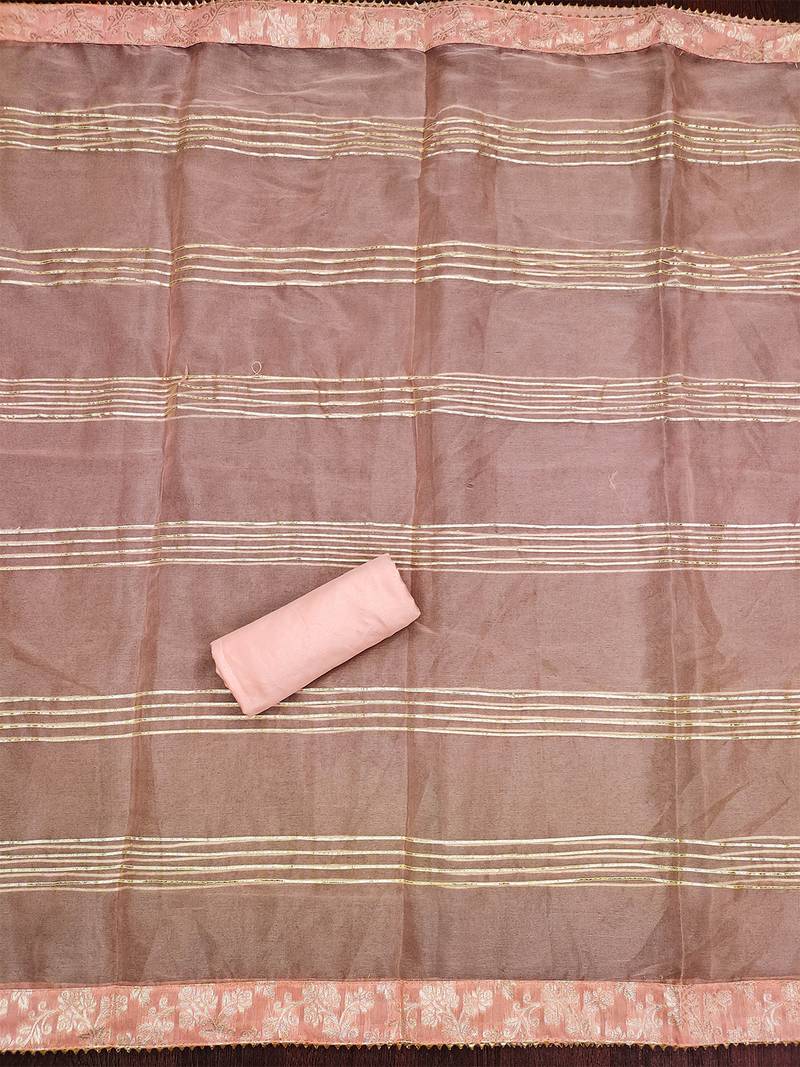 Peach Graceful jacquard dress material with handwork & organza lace dupatta