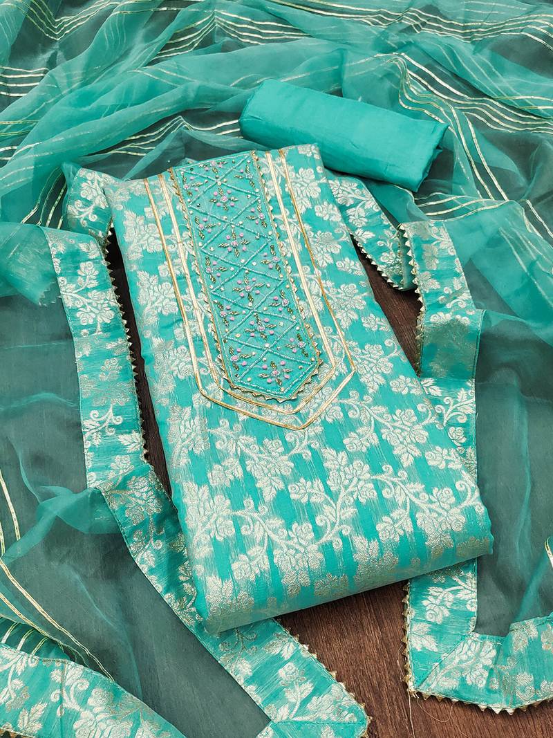 Sea Green Graceful jacquard dress material with handwork & organza lace dupatta