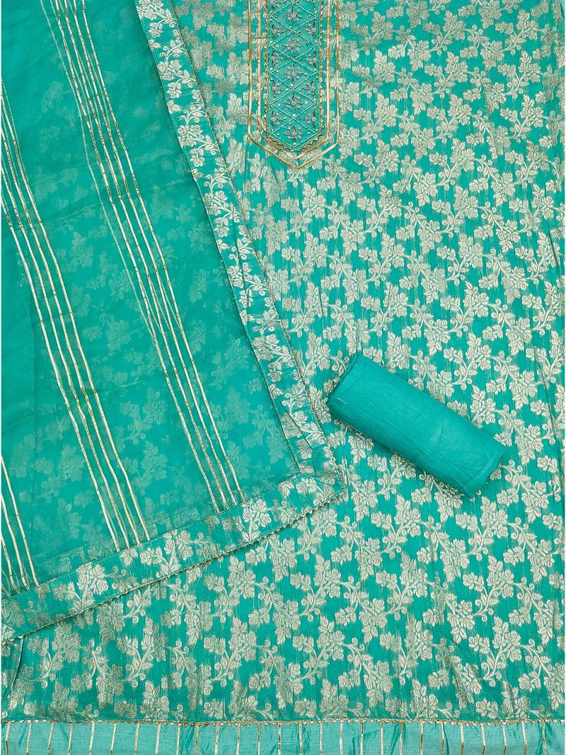Sea Green Graceful jacquard dress material with handwork & organza lace dupatta