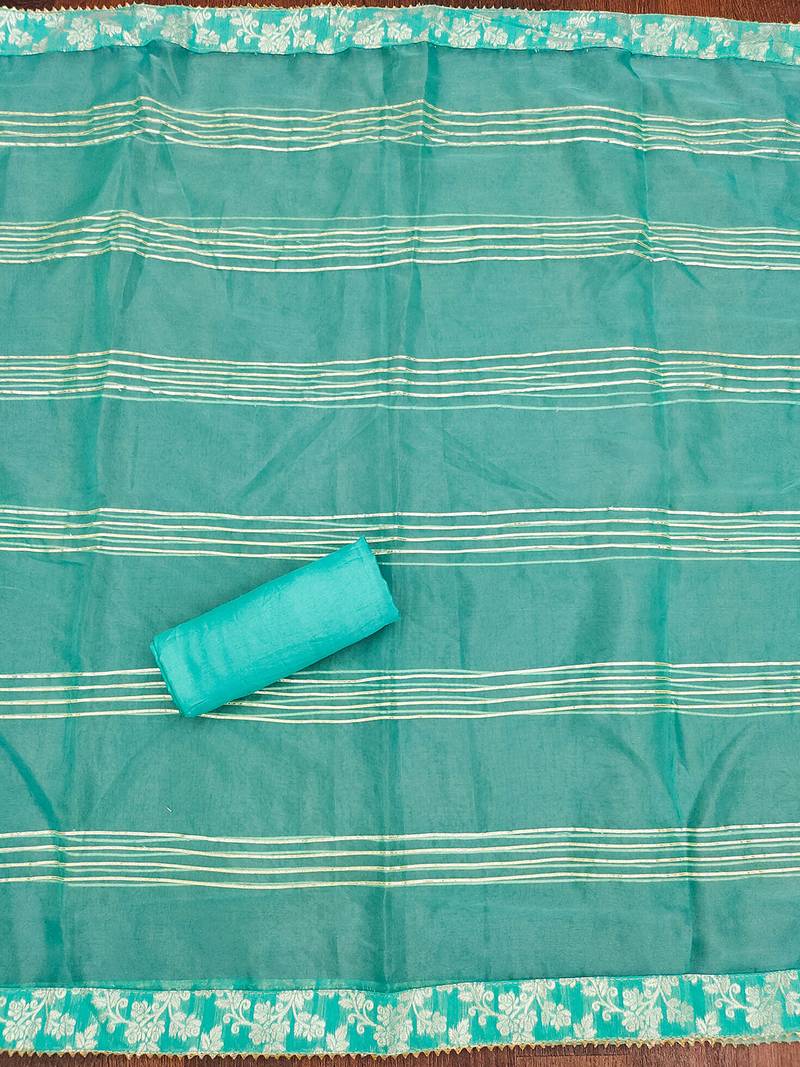 Sea Green Graceful jacquard dress material with handwork & organza lace dupatta