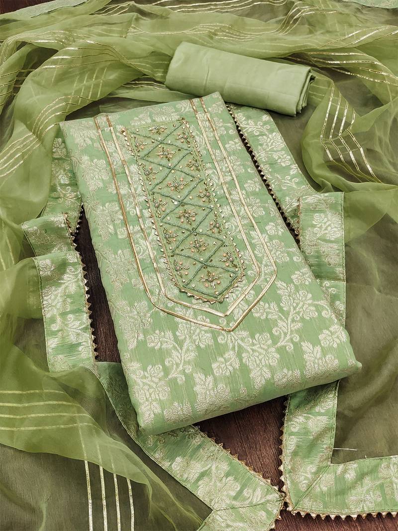 Pista Green Graceful jacquard dress material with handwork & organza lace dupatta