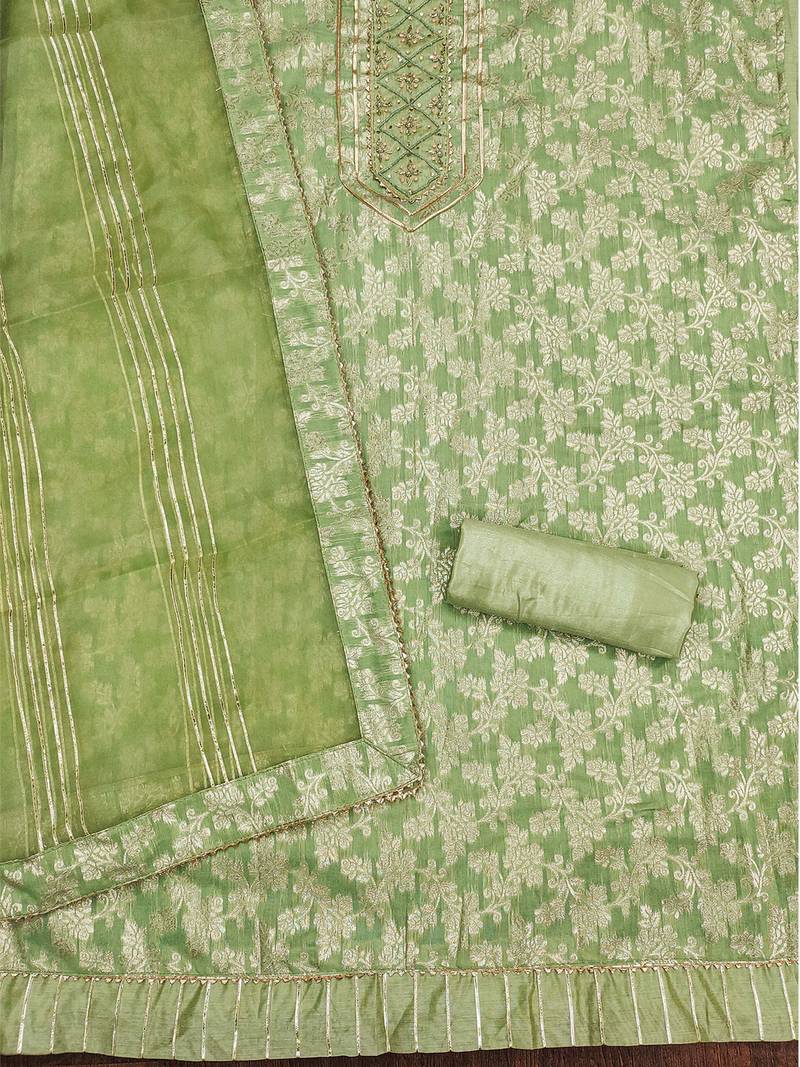 Pista Green Graceful jacquard dress material with handwork & organza lace dupatta